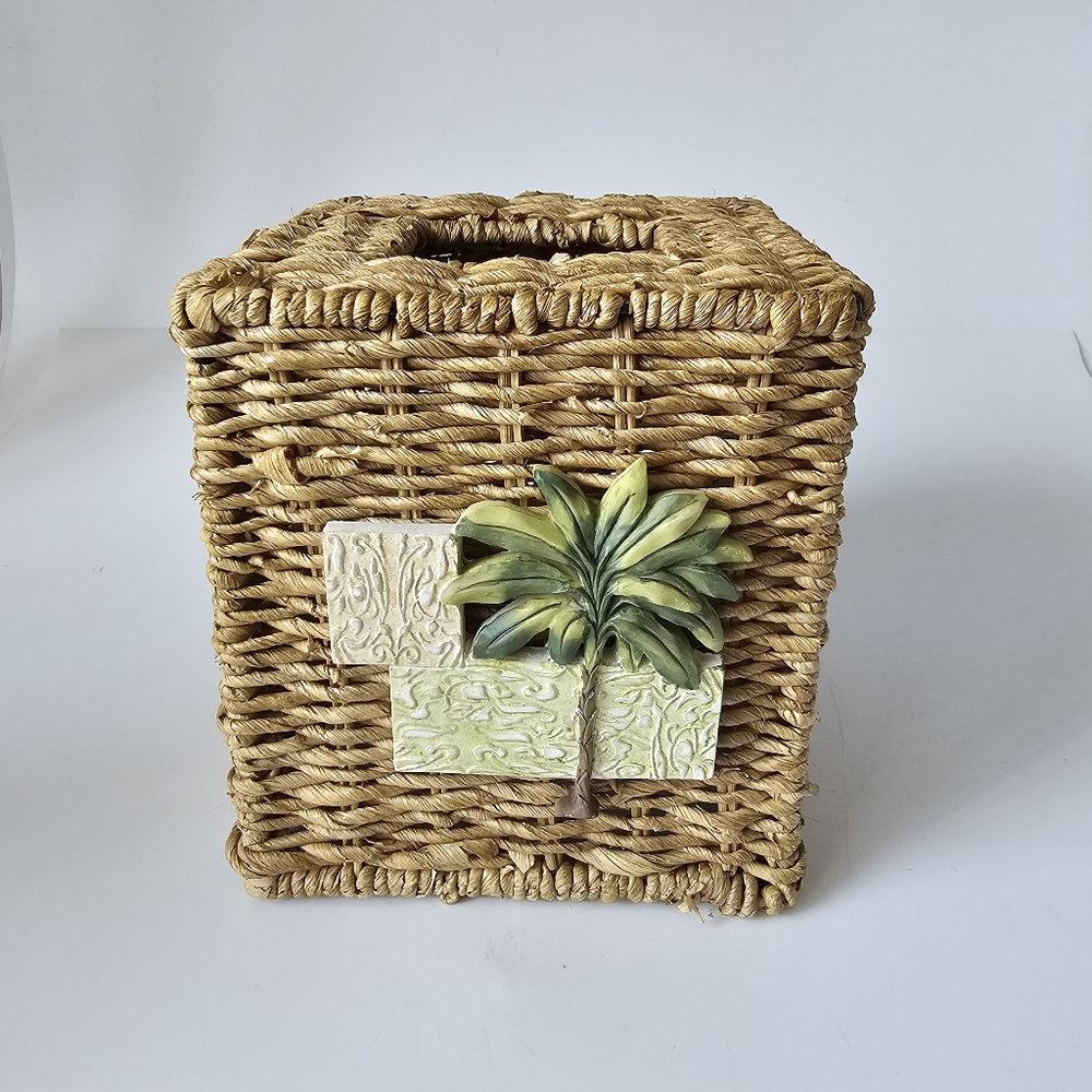 VTG Wicker Tissue Box Cover Holder Green Porcelain Tree Detail Boho Home…